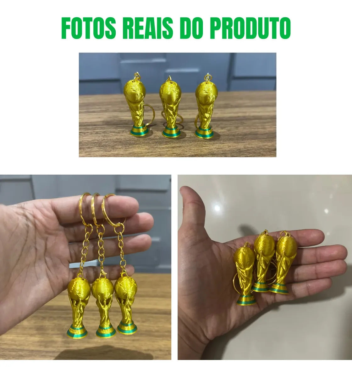 Kit 03 Chaveiros Troféu Taça Copa Do Mundo Dourada Miniatura